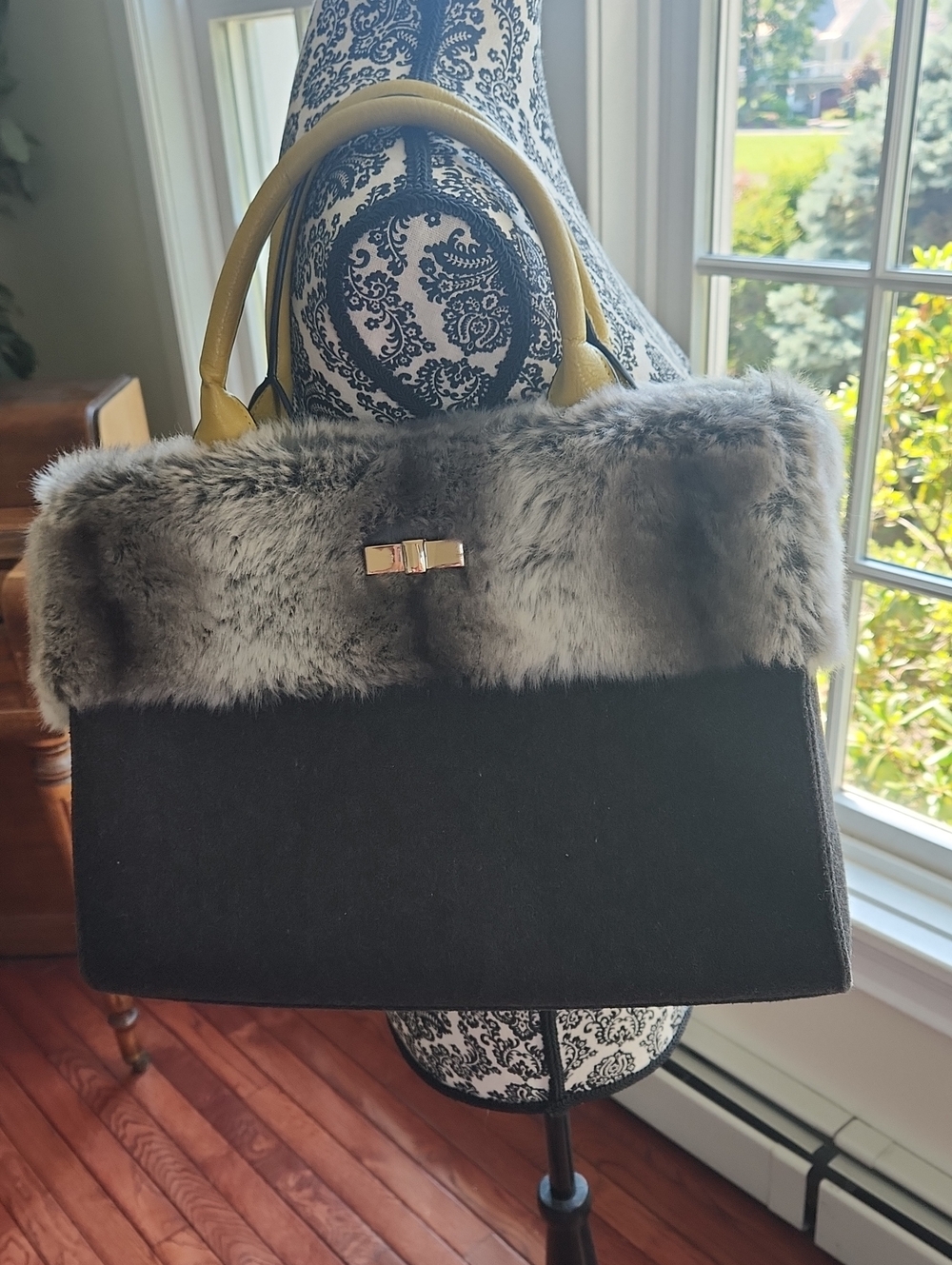 Black Faux Fur-Trim Tote with Yellow Handles